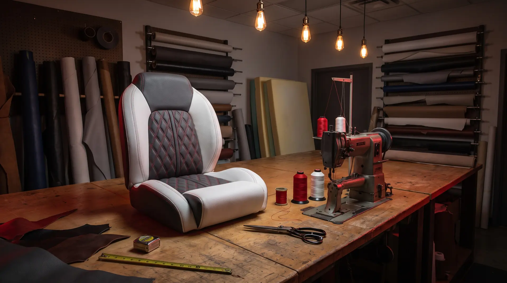 Upholstery workbench with a white and charcoal diamond-stitched boat seat, an industrial sewing machine, thread spools and rolls of marine vinyl